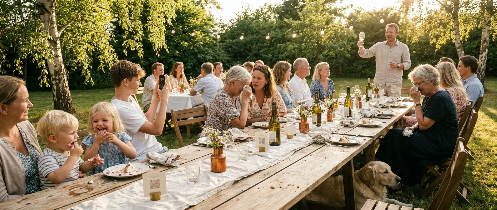 Dansk havefest med lang bord og gæster