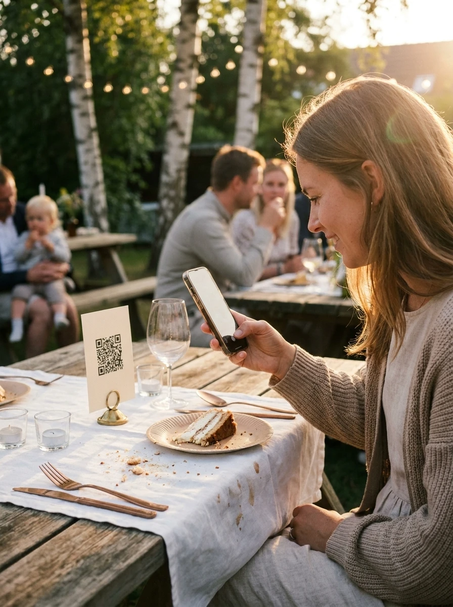 Kvinde scanner QR-kode ved havefest