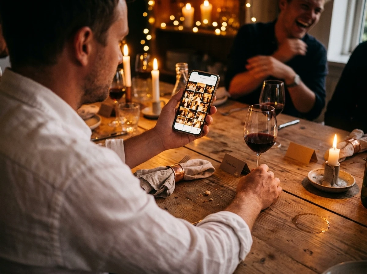 Mand ser fotogalleri på telefon ved fest